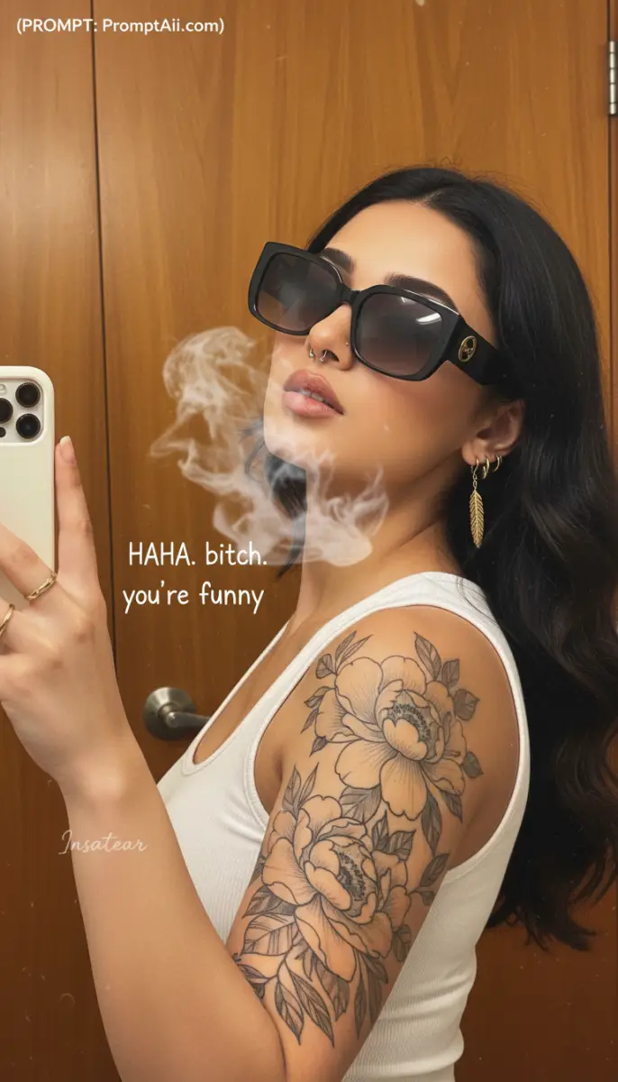 Woman with Sunglasses and Floral Arm Tattoo Mirror Selfie