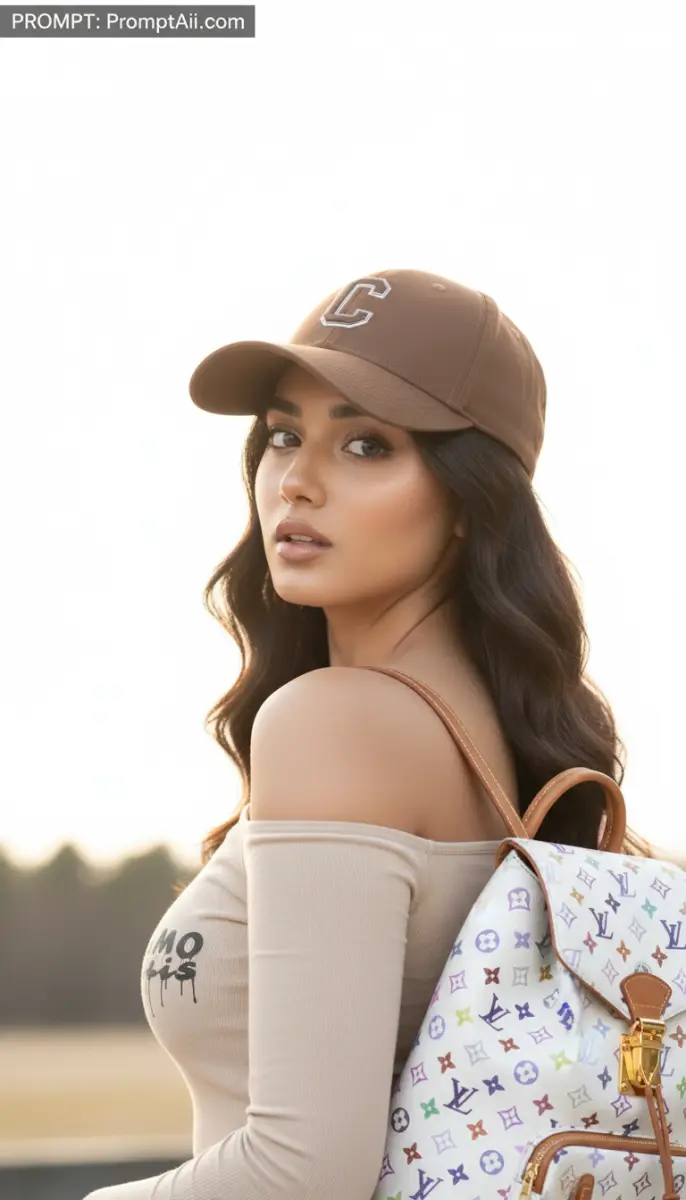 Young woman in brown cap with monogrammed backpack