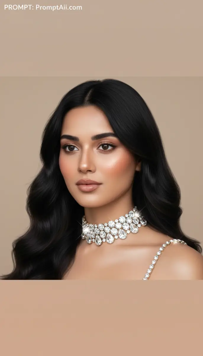 Portrait of an elegant woman with black hair and diamond choker