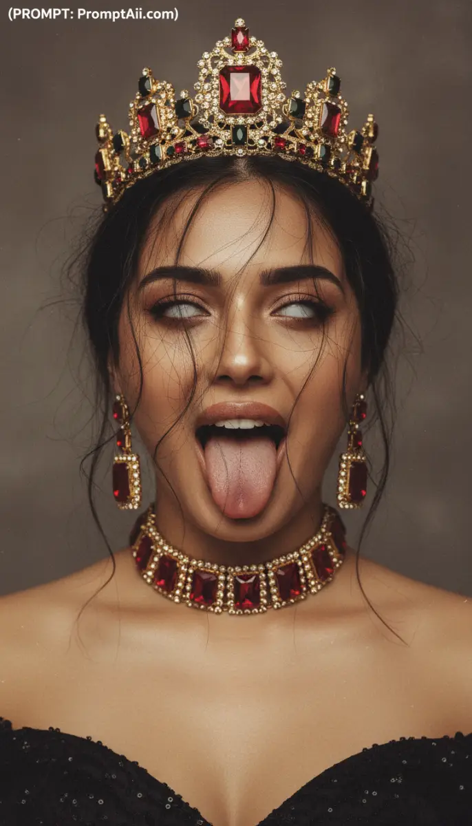 Woman Wearing Gold Crown and Red Jewelry with Eyes Rolled Back