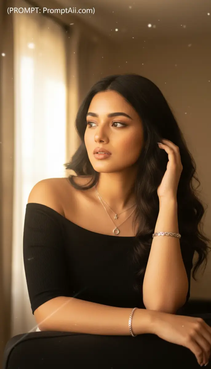 Young Woman in Black Off-the-Shoulder Top with Silver Jewelry