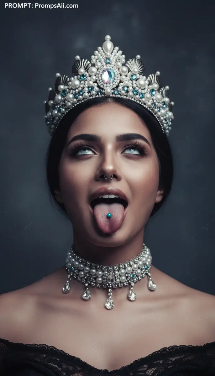 Woman with Ornate Pearl Crown and Tongue Piercing Portrait