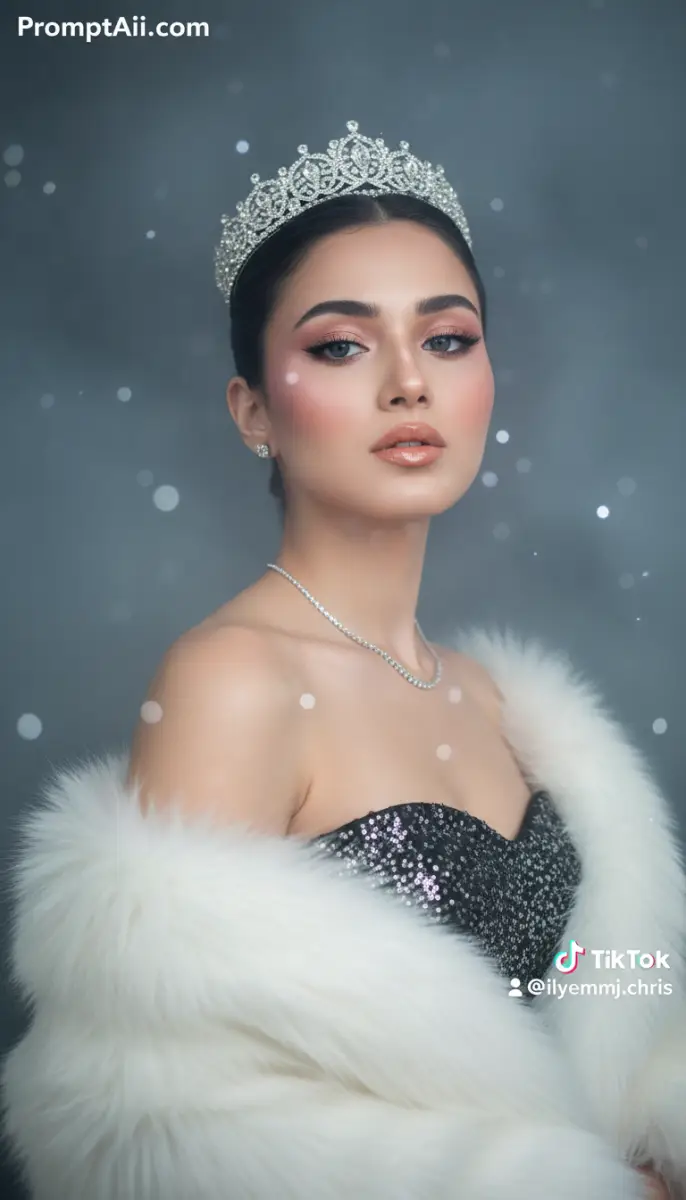 Portrait of a woman wearing a tiara and white fur