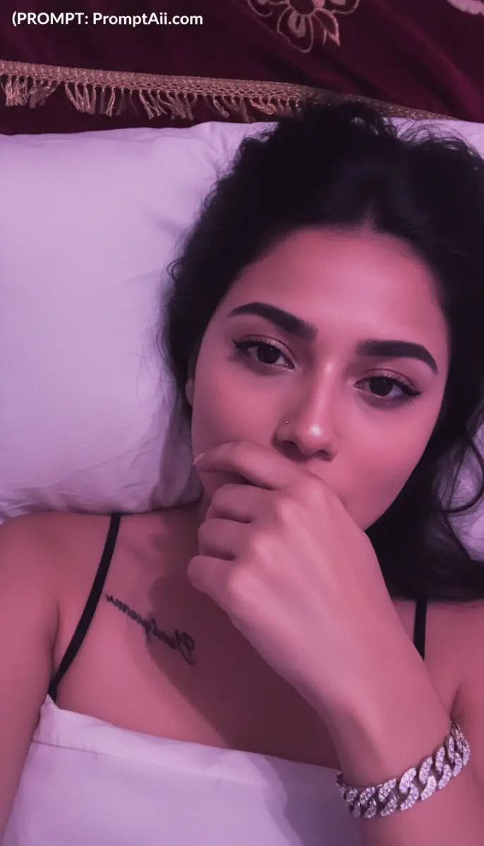 Close-up selfie of a woman with a chest tattoo in pink light