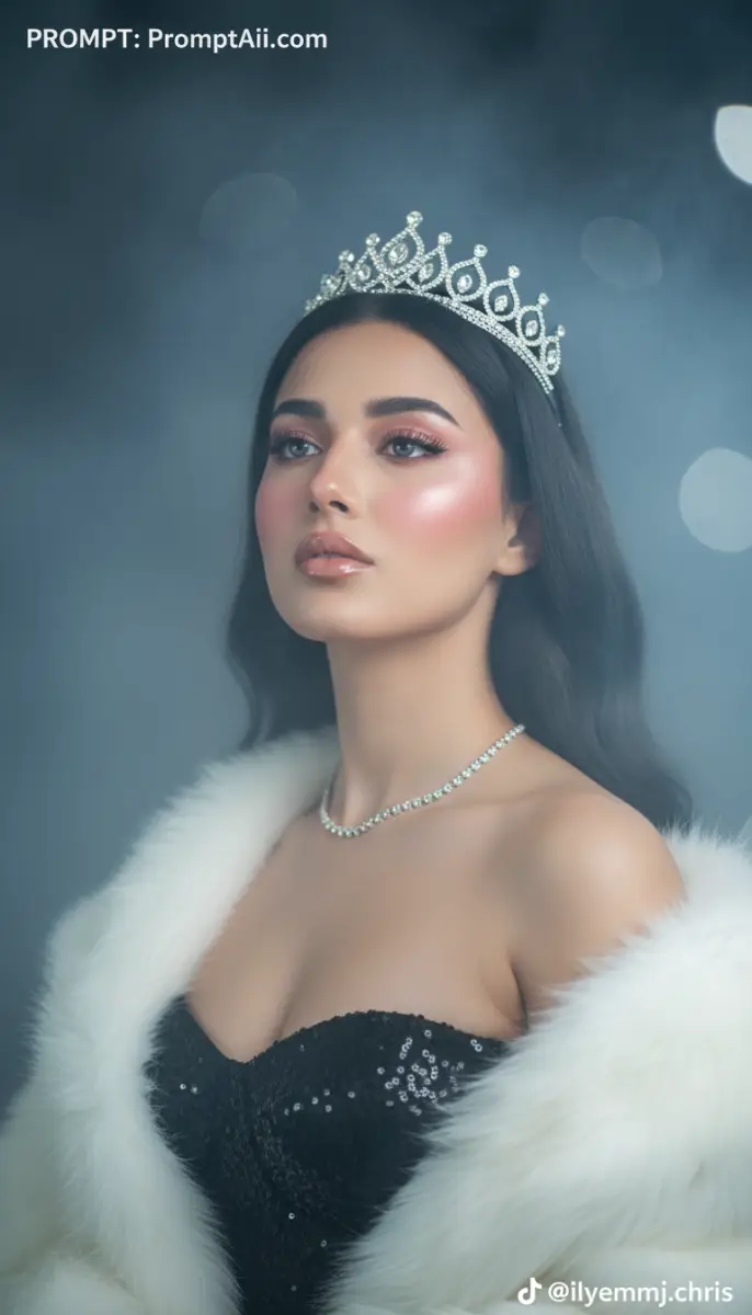 Woman wearing a silver tiara and white fur shawl portrait