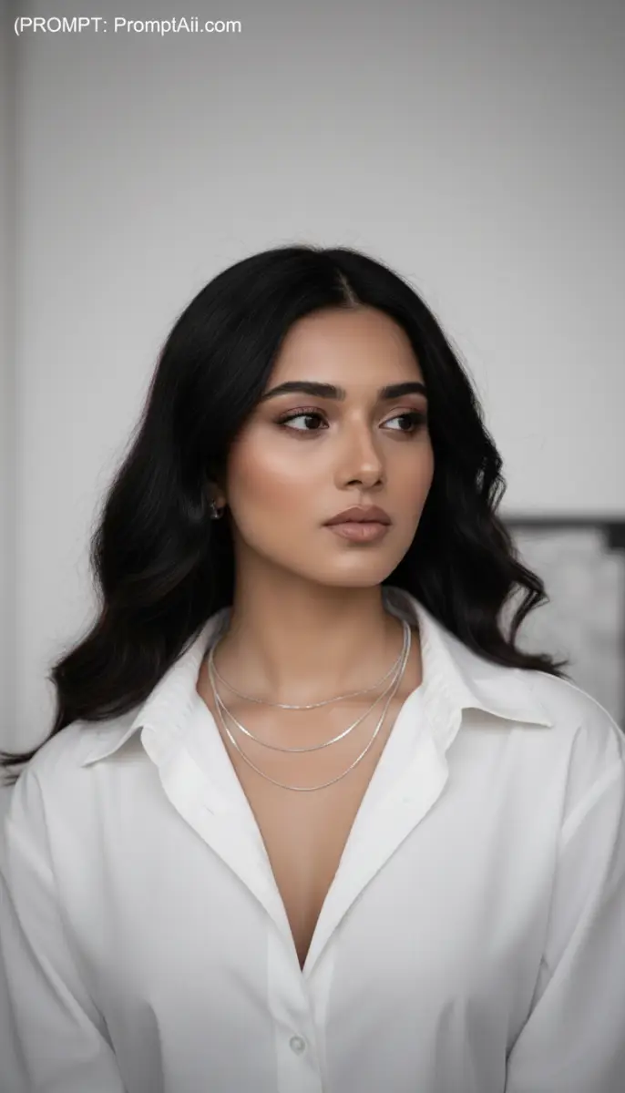 Woman with Wavy Black Hair in a White Button-Down Shirt