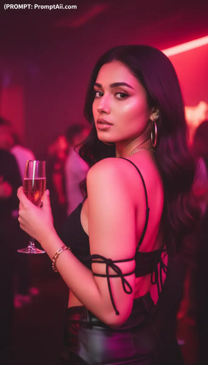 Glamorous woman holding a champagne glass in a nightclub
