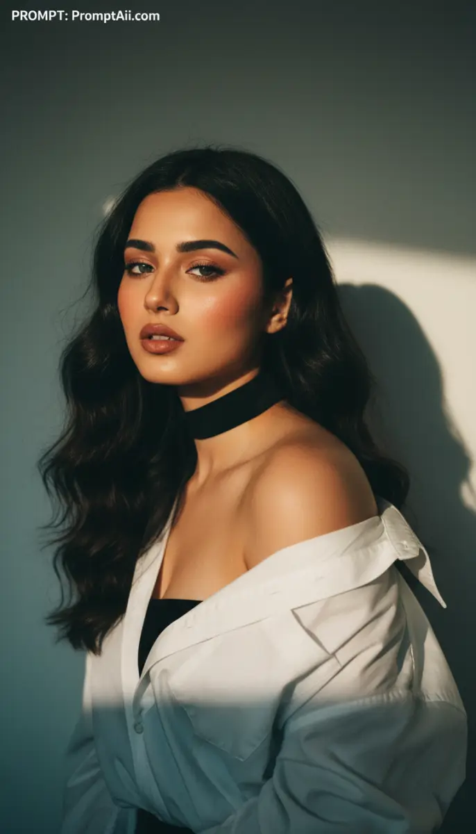 Woman in white off-the-shoulder shirt and black choker portrait