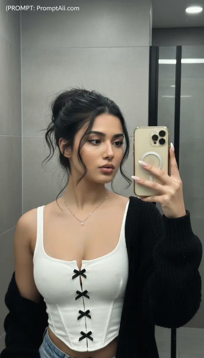 Young woman taking a mirror selfie in white corset top