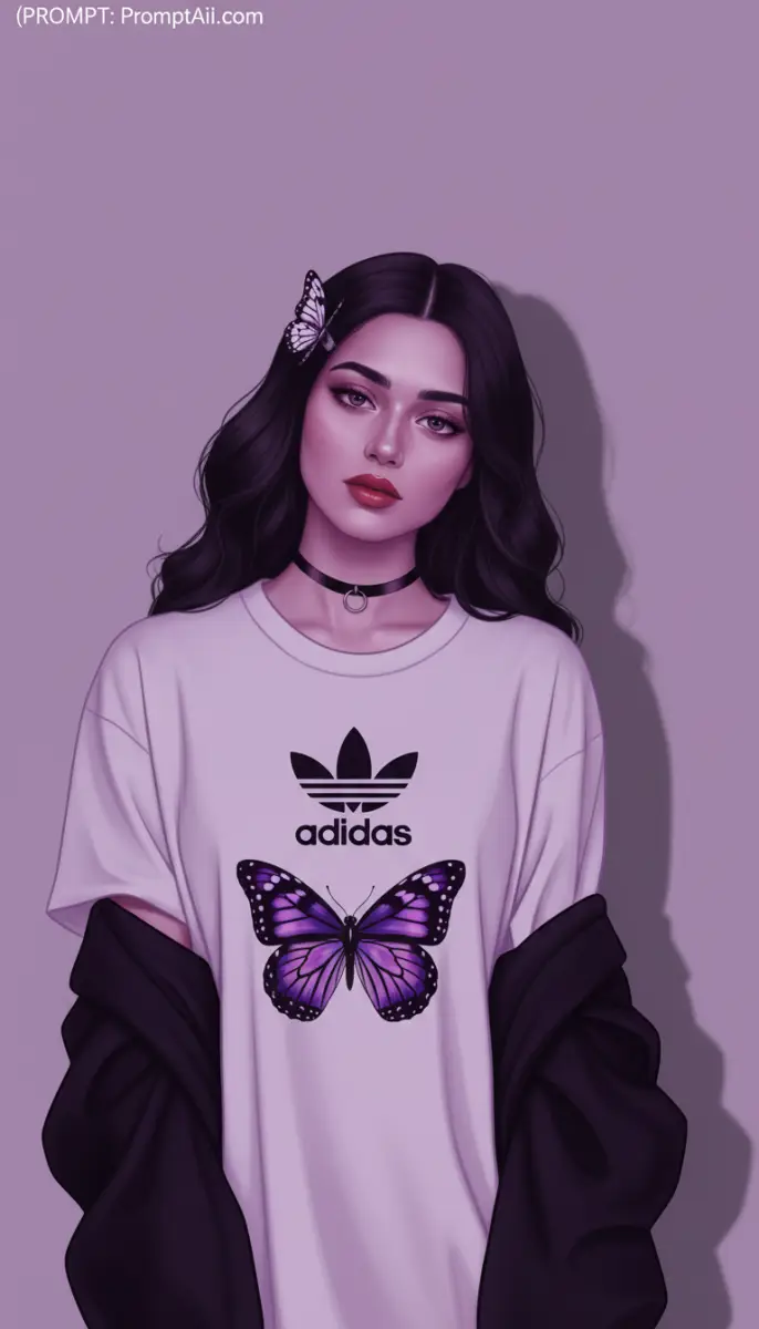 Digital illustration of a woman in an Adidas butterfly t-shirt