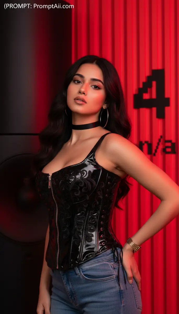 Young Woman in Black Corset and Jeans Against Red Background