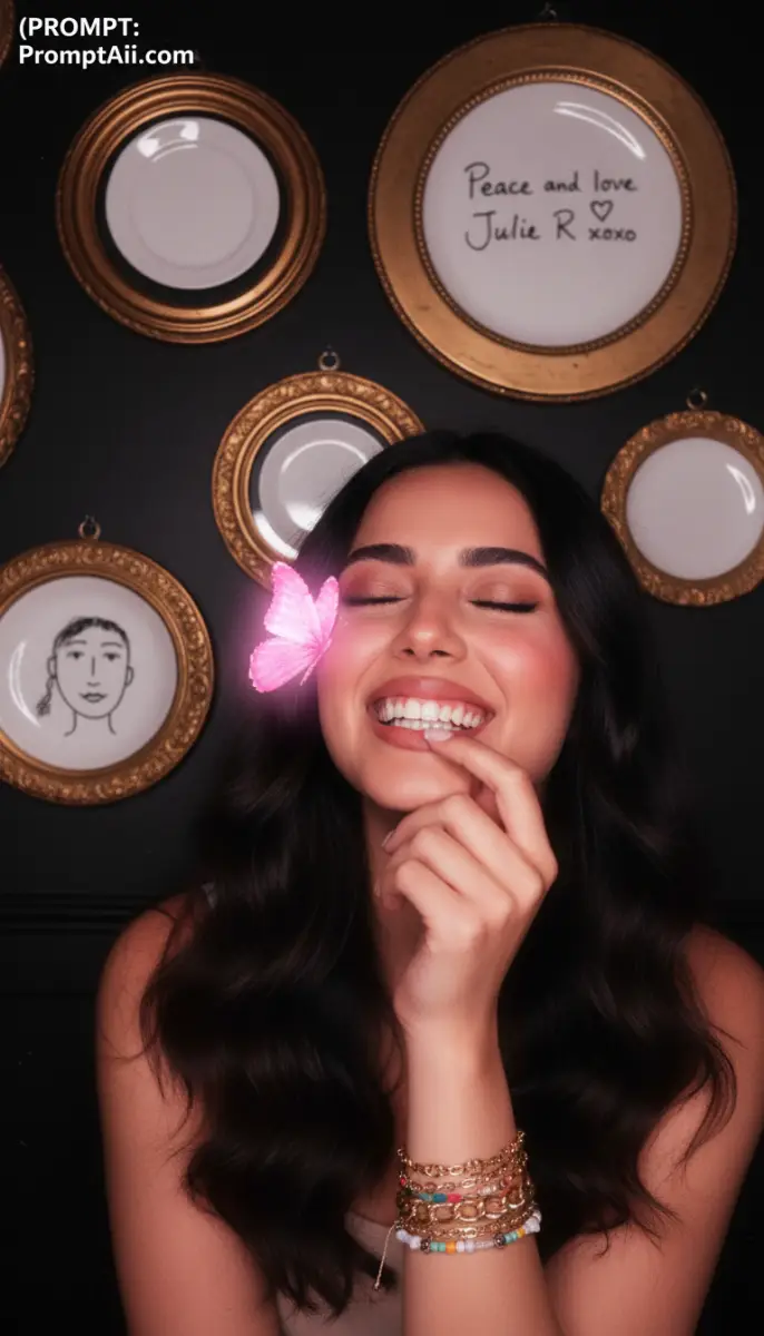 Smiling woman with glowing pink butterfly and wall plates