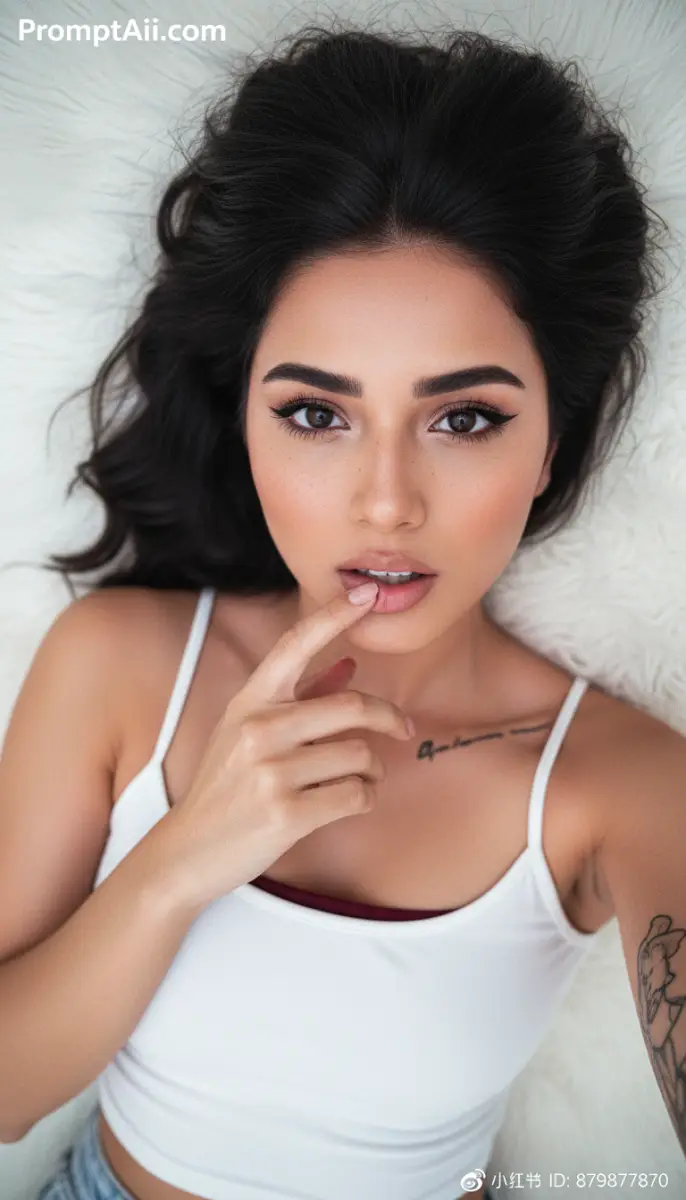 Woman lying on white fur background wearing white tank top