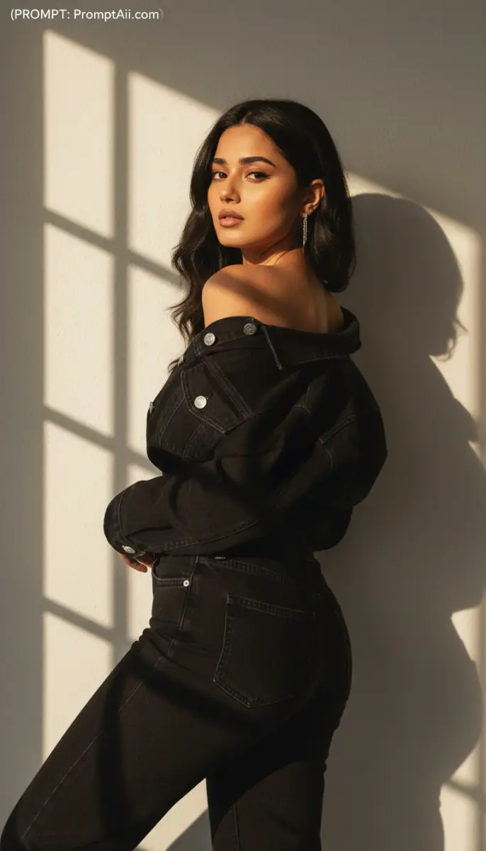 Young Woman in Black Denim Jacket with Window Shadow Lighting