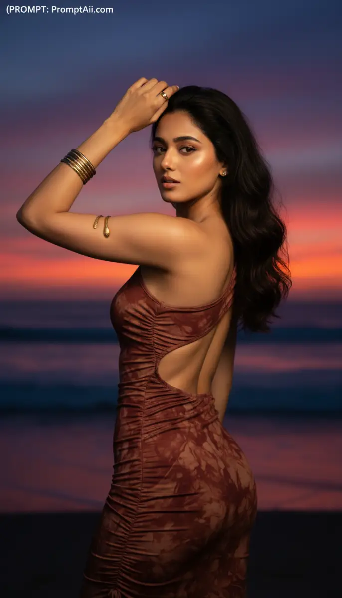 Woman in a backless brown dress posing at a sunset beach