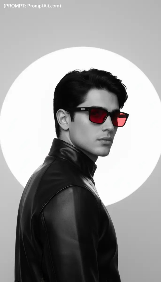 Man in Leather Jacket with Red Lens Sunglasses Portrait