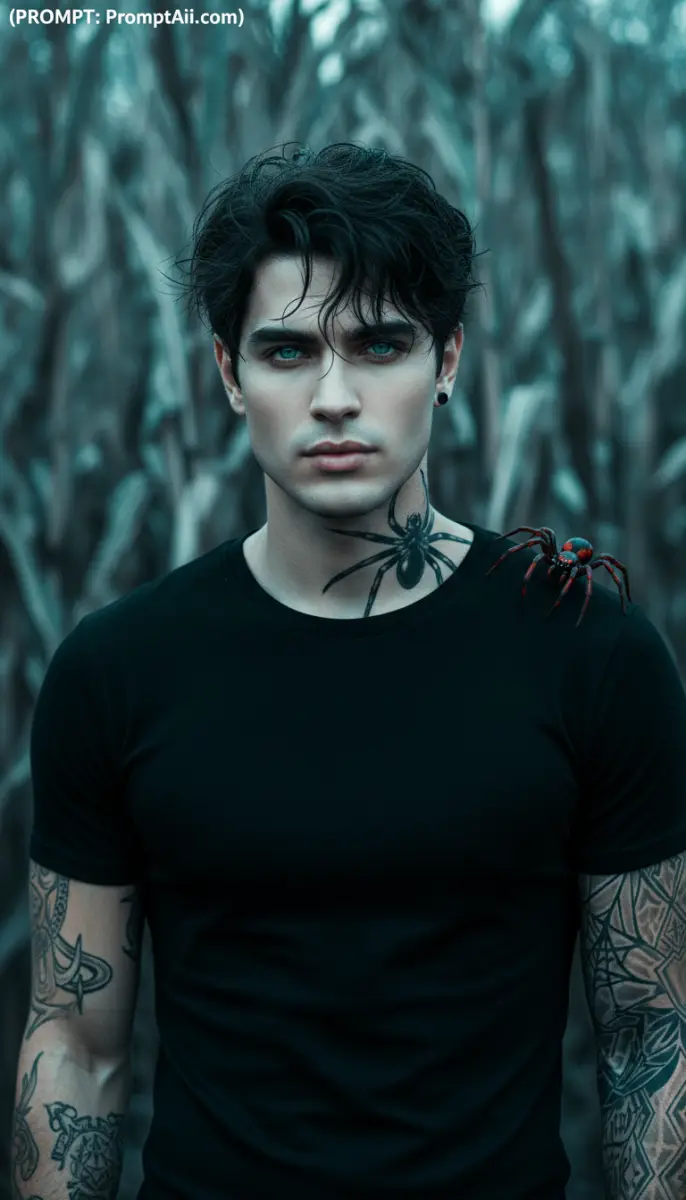 Man with spider tattoo and spider on his shoulder