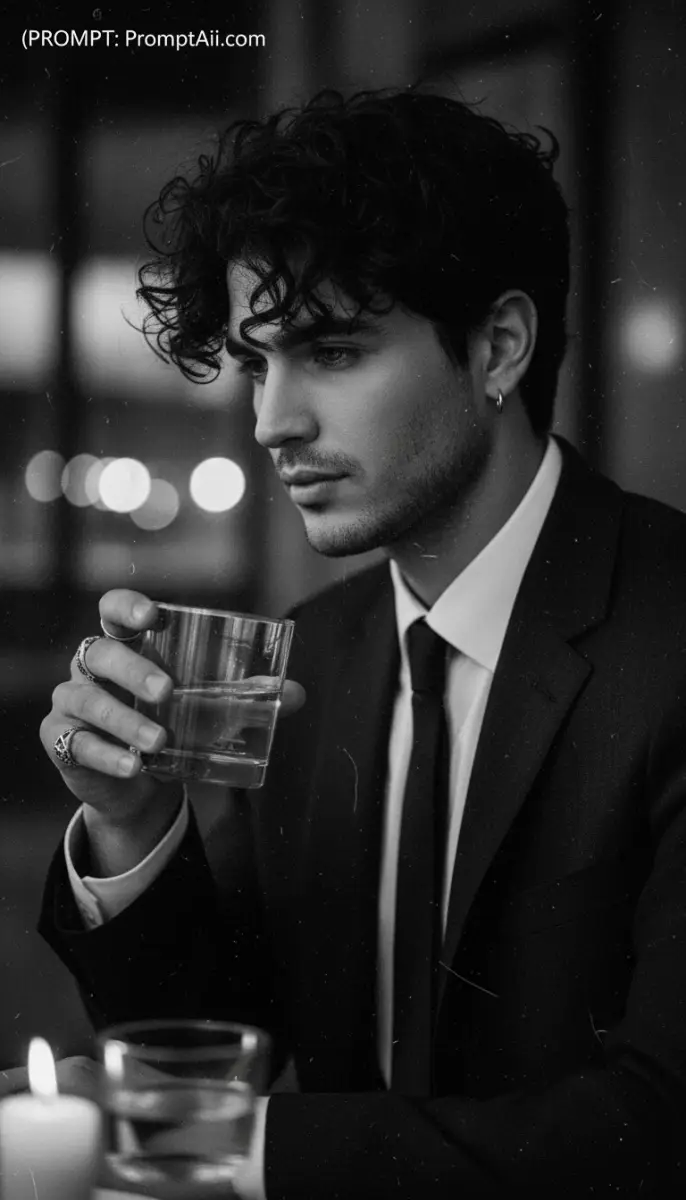 Man in a Suit Holding a Glass in Black and White