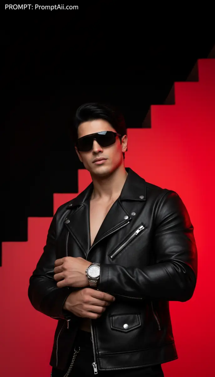 Man wearing black leather jacket and sunglasses on red background