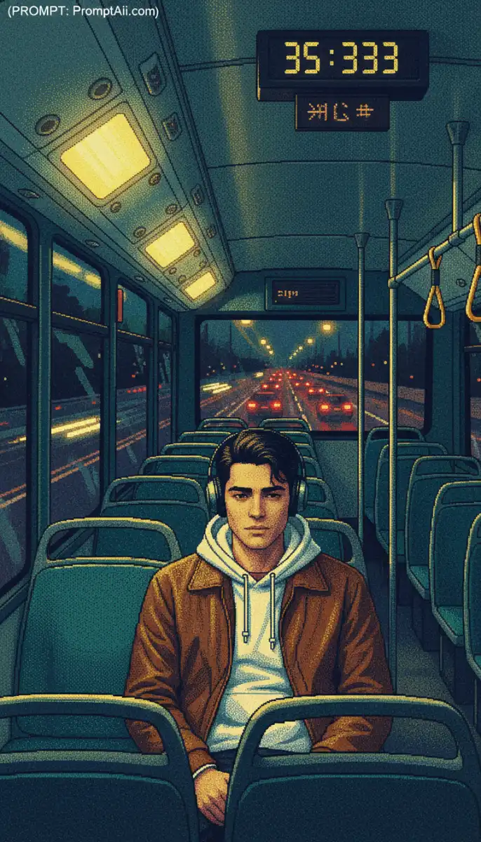 Man Wearing Headphones Sitting Alone on a Bus at Night