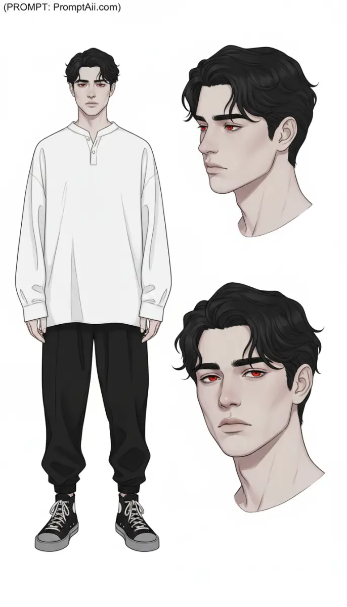Anime Male Character Design with Black Hair and Red Eyes