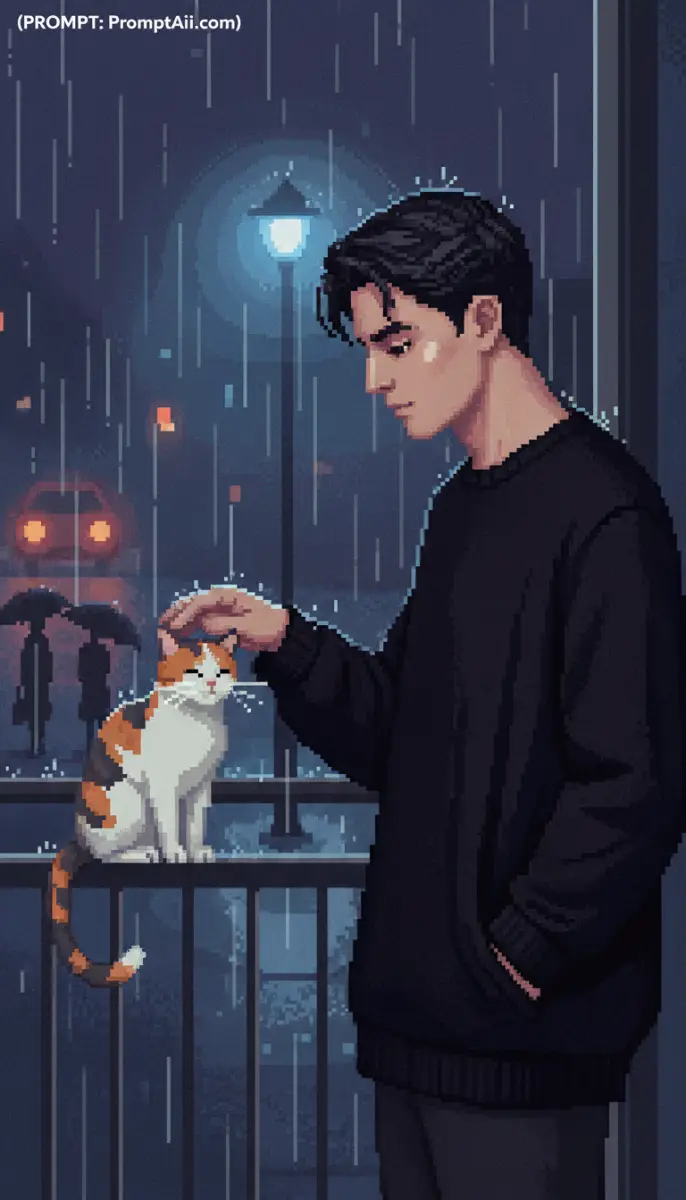 Pixel Art of a Man Petting a Cat in the Rain