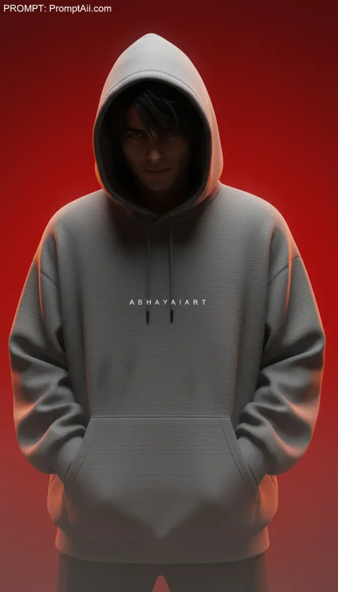 Young Man Wearing Grey Hoodie on Red Background