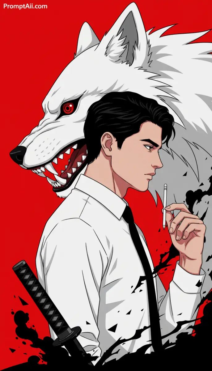 Anime Man in White Shirt with a White Wolf and Katana