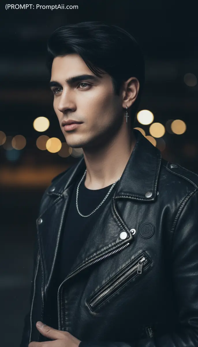 Young man in black leather jacket with city bokeh background