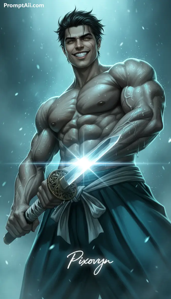 Muscular Man Holding a Glowing Katana Digital Art Portrait