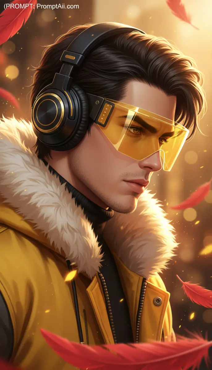 Stylish man with yellow visor and headphones in fur jacket