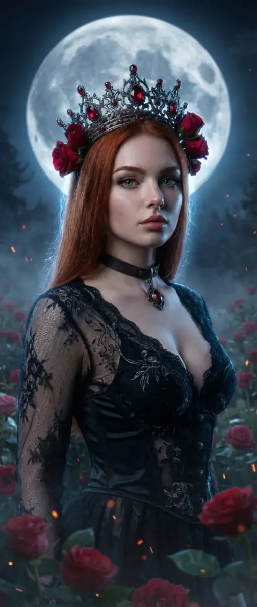 Gothic Queen with Red Hair and Crown under Full Moon