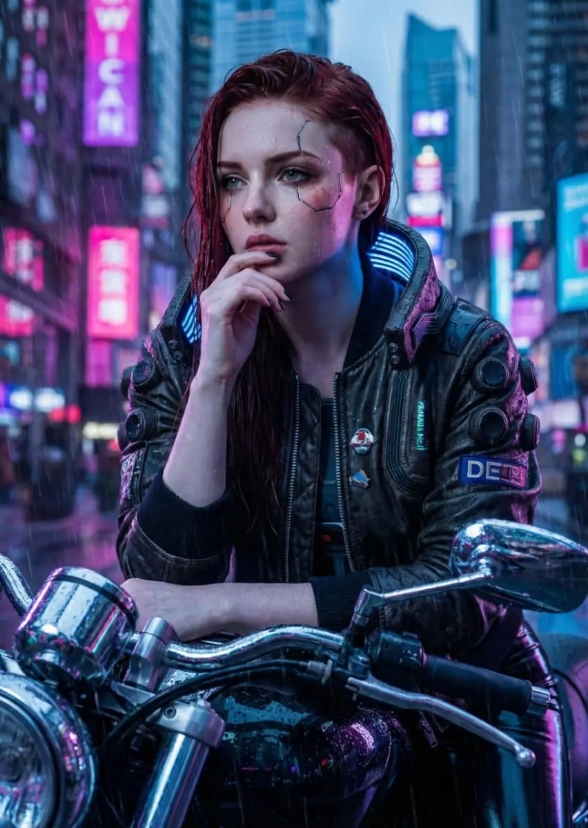 Cyberpunk Woman with Facial Enhancements on Motorcycle in Rainy City