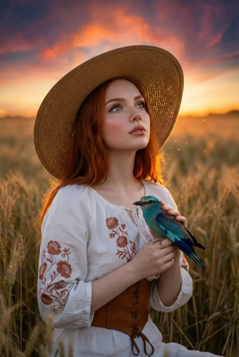 Redheaded Woman in Straw Hat Holding a Blue Bird at Sunset