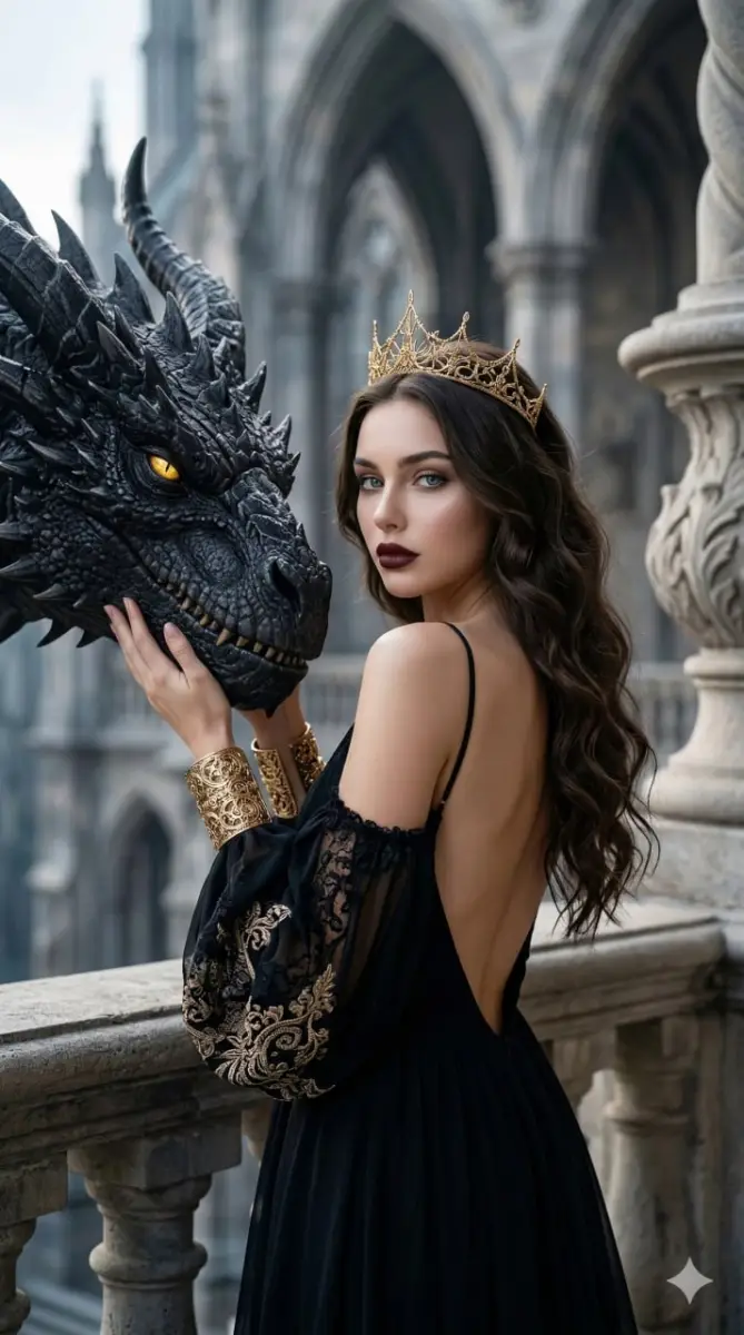 Queen in Black Gown Holding a Black Dragon Head