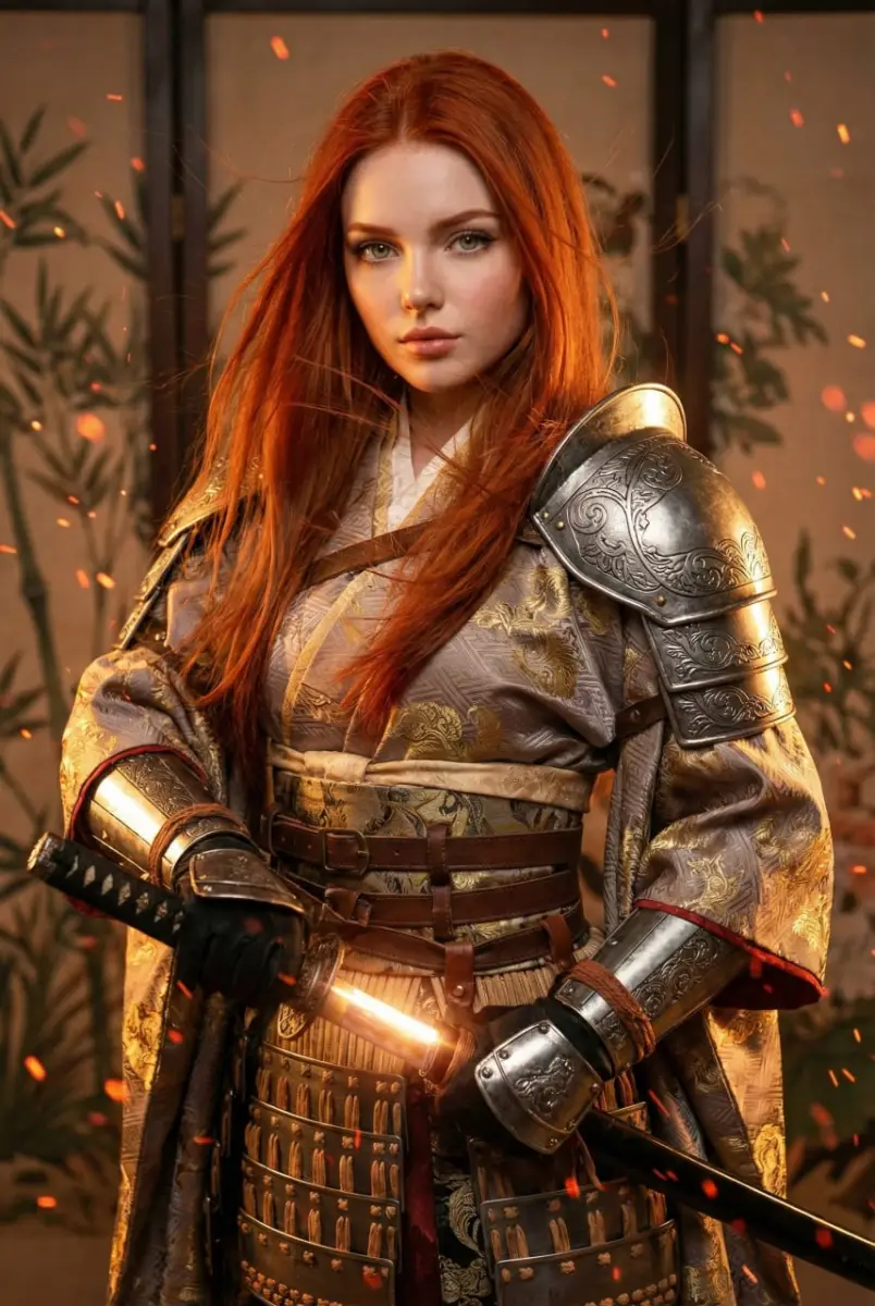 Red-Haired Female Samurai Warrior in Detailed Armor with Katana