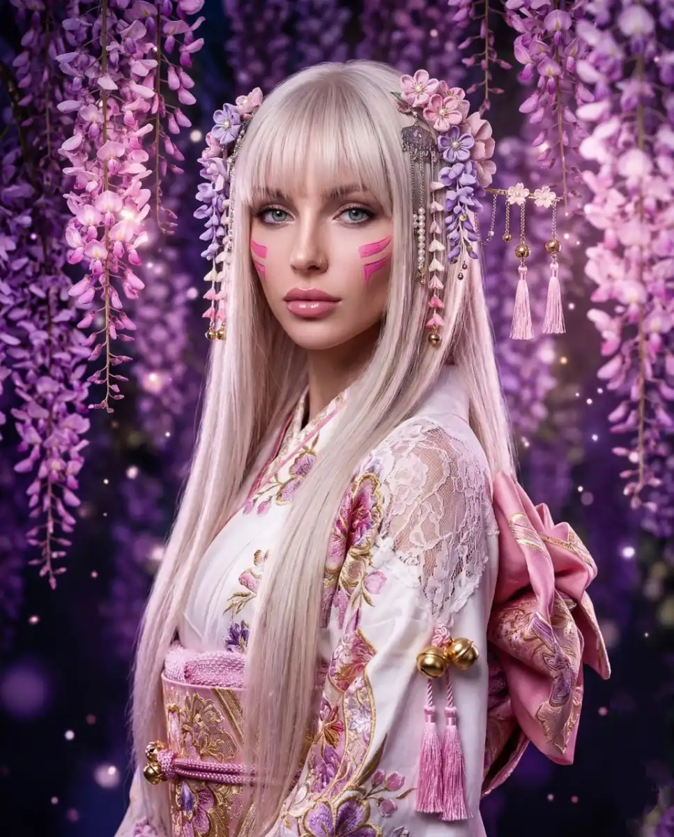 Blonde Woman in Floral Kimono Surrounded by Purple Wisteria