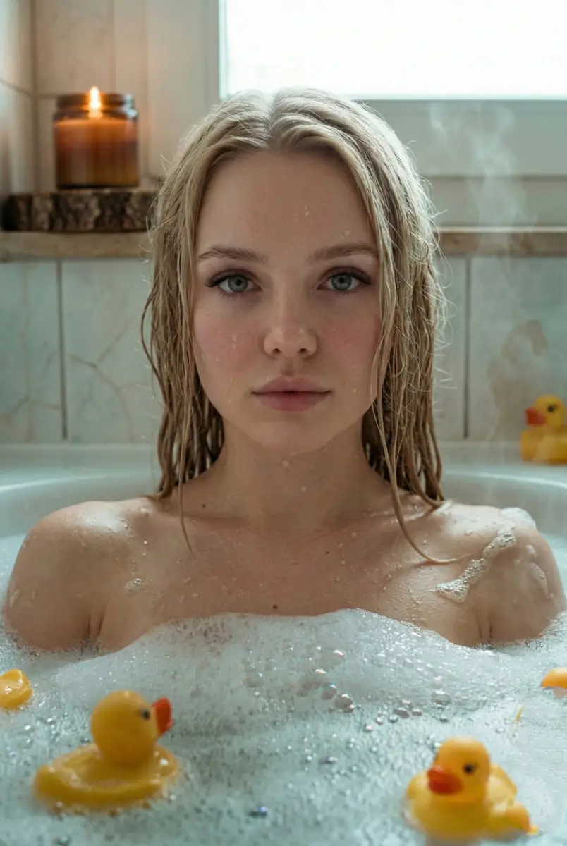 Blonde Woman Relaxing in a Bubble Bath with Yellow Rubber Ducks