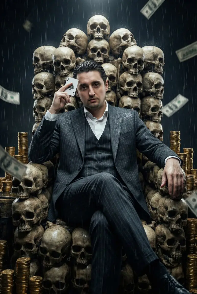 Man in Pinstripe Suit Sitting on a Throne of Skulls
