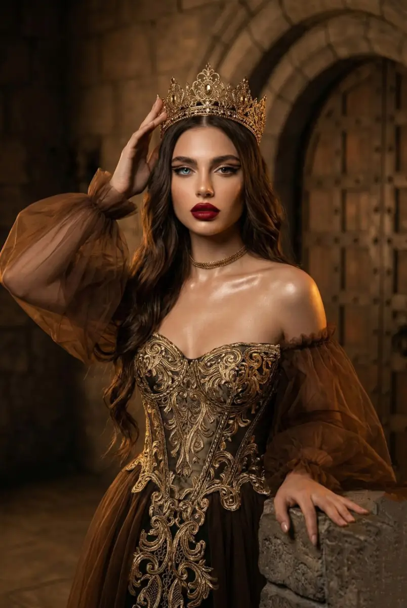 Elegant Royal Portrait of a Woman in Gold and Brown