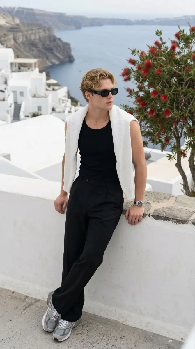 Stylish man posing in Santorini with scenic sea background