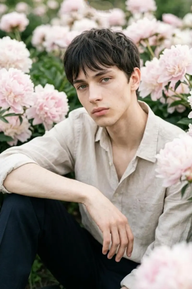 Young man sitting in a field of pink peonies