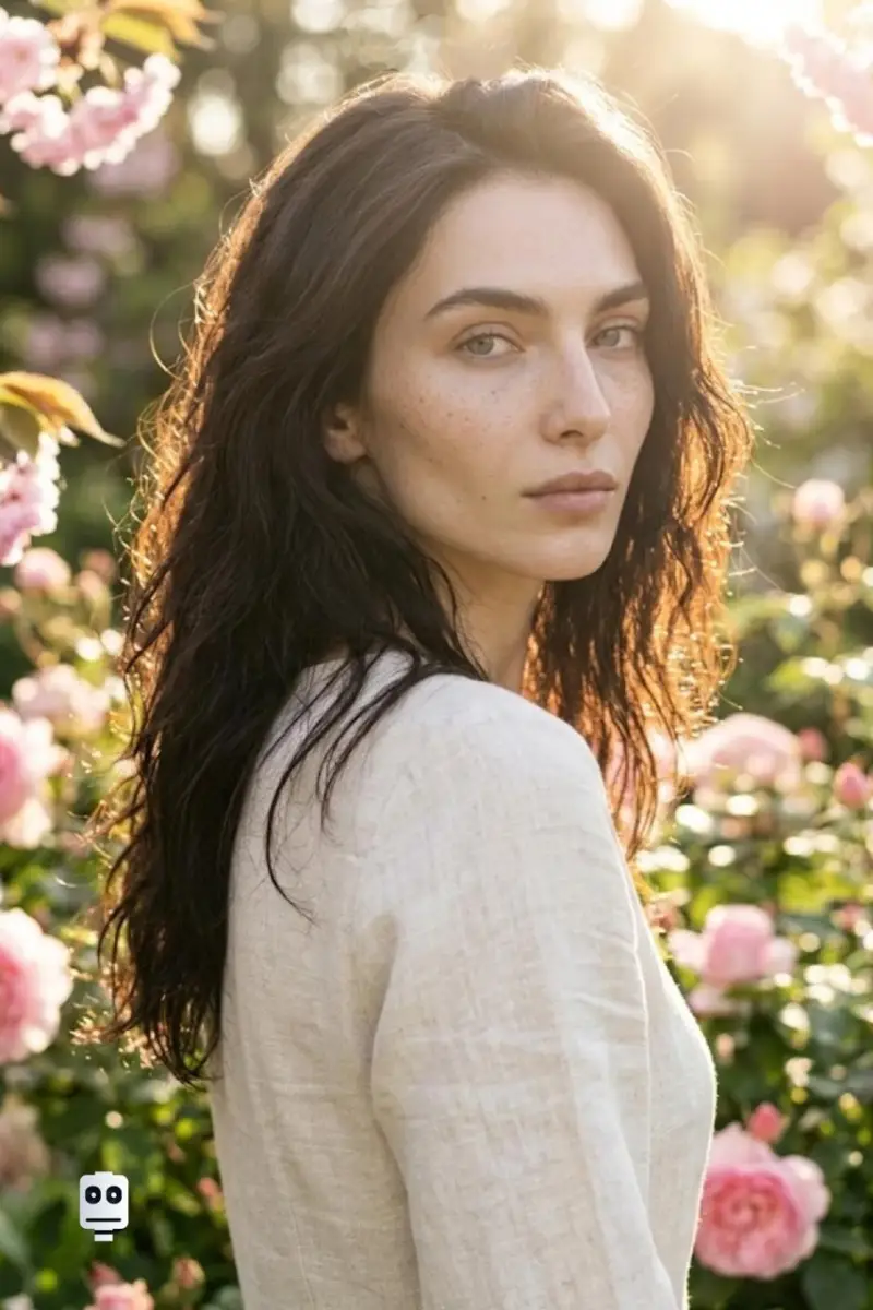 Young Woman with Dark Wavy Hair in a Flower Garden