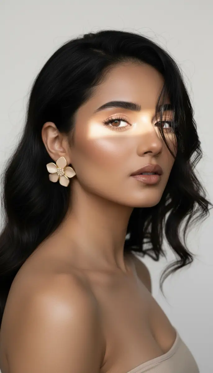Portrait of woman with flower earring and light shadow