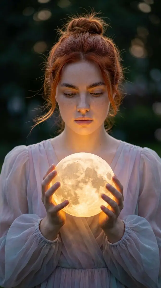 Ethereal portrait of woman holding a small glowing moon lamp