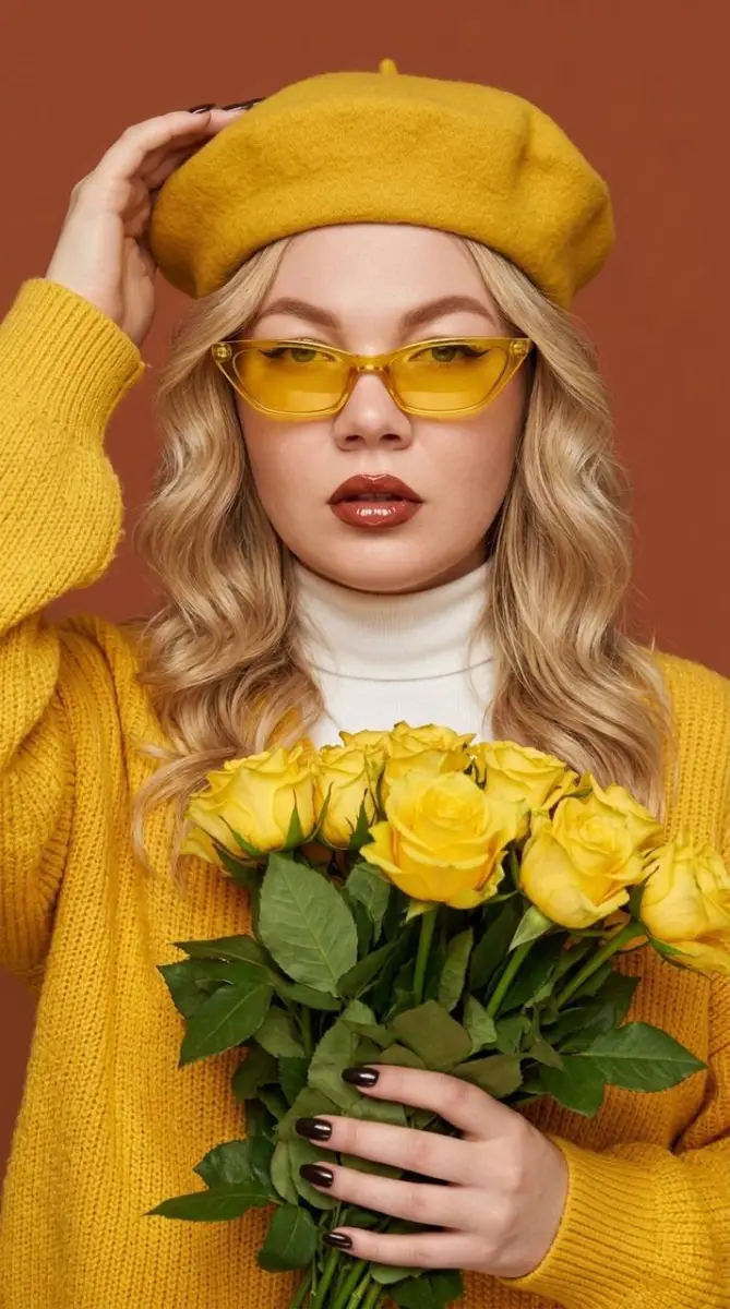 Fashionable woman in yellow beret holding bouquet of yellow roses