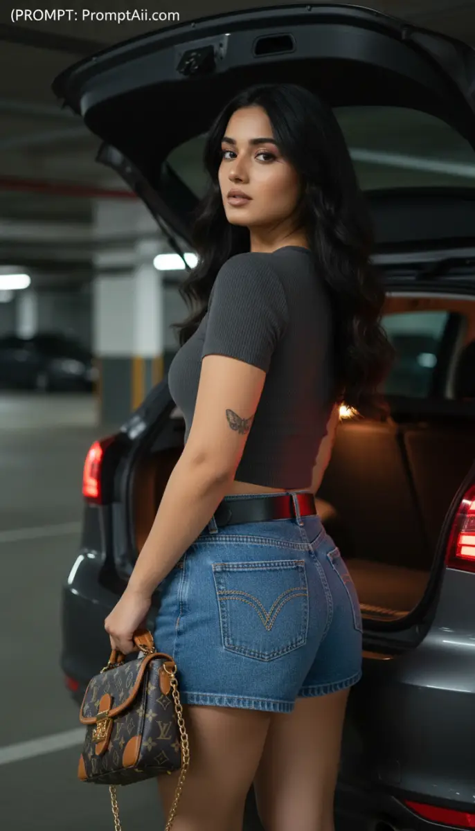 Woman in denim shorts with luxury handbag by a car