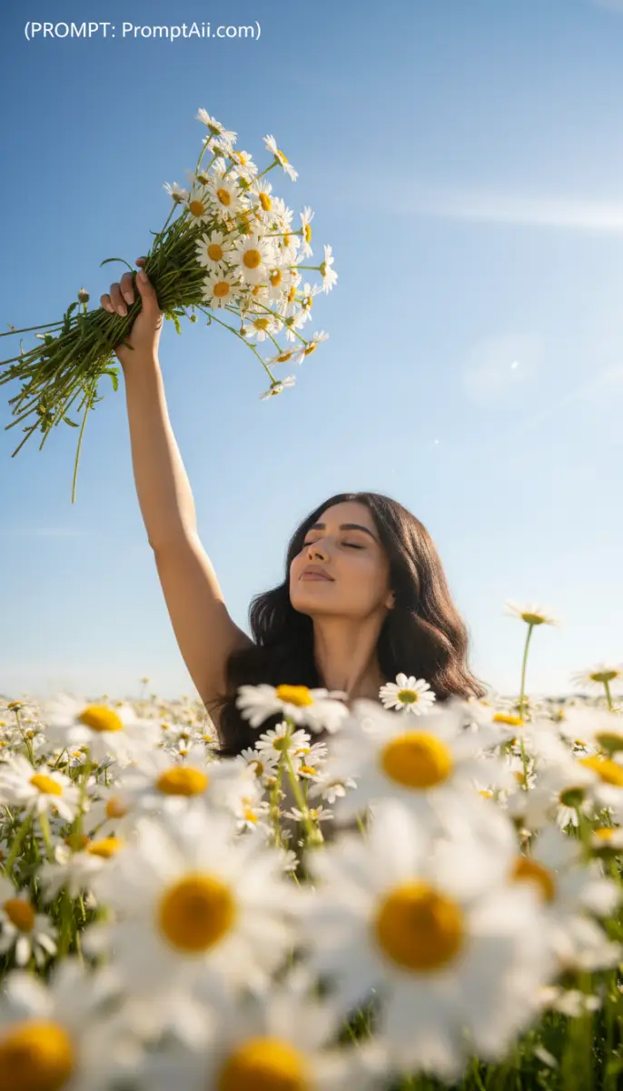 Woman holding daisies in a sunny flower field
