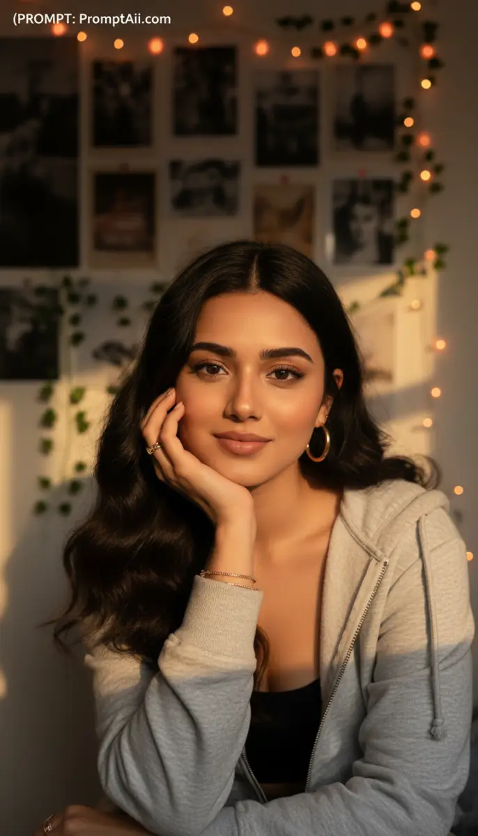 Young woman in gray hoodie with warm lighting