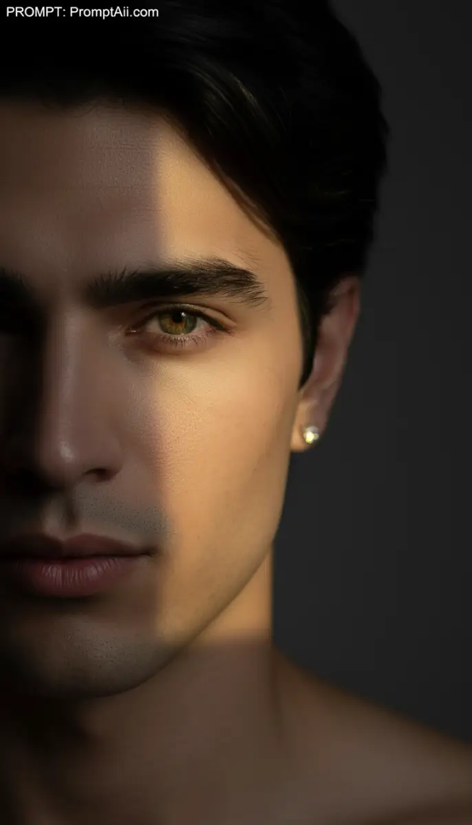 Close-up portrait of a man with dramatic shadow on face